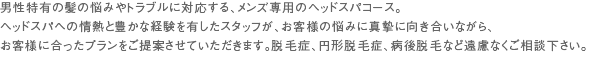 男性特有の髪の悩みやトラブルに対応する、メンズ専用のヘッドスパコース。ヘッドスパへの情熱と豊かな経験を有したスタッフが、お客様の悩みに真摯に向き合いながら、お客様に合ったプランをご提案させていただきます。脱毛症、円形脱毛症、病後脱毛など遠慮なくご相談下さい。