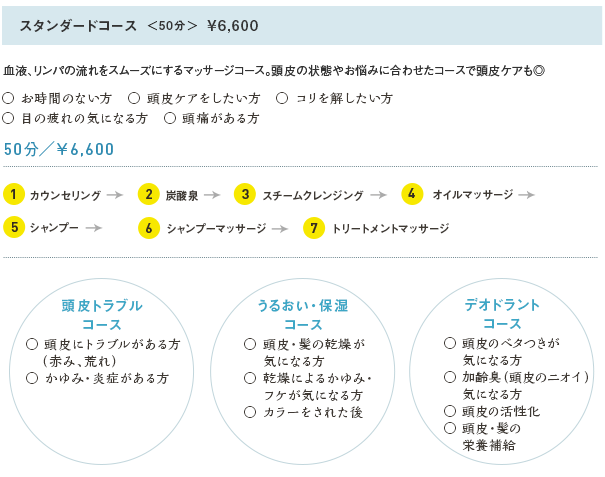 スタンダードコース＜50分＞¥6,600 血液、リンパの流れをスムーズにするマッサージコース。頭皮の状態やお悩みに合わせたコースで頭皮ケアも◎